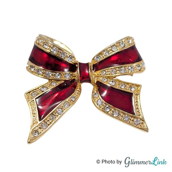 Red Enamel Rhinestone Bow Brooch – Gold Tone Ribbon Pin - Picture 1 of 6